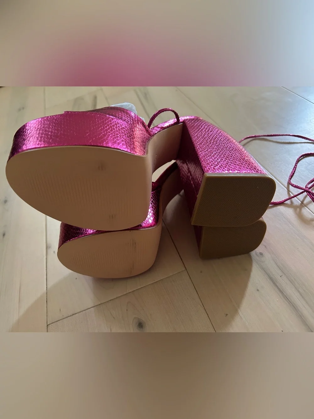 Metallic Pink Tie Ankle Chunky Platform Sandals Size 6